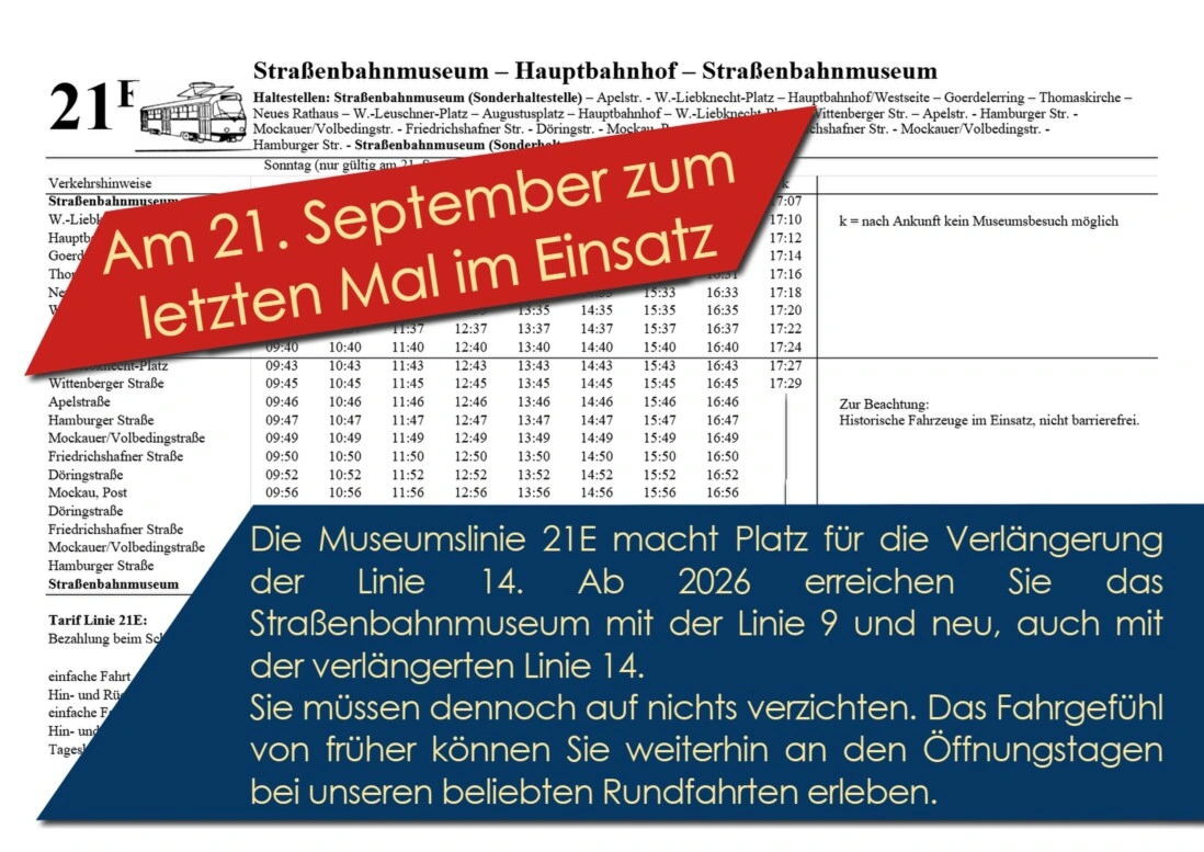 Fahrplan der Linie 21E am Öffnungstag